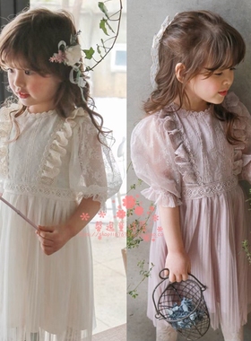 女童连衣裙韩国童装FLO2022春夏季洋气蕾丝花边女宝宝短袖公主裙