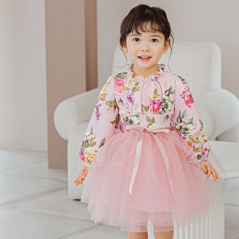 女童连衣裙韩国童装babydoll2023春新款宝宝印花木耳领网纱公主裙