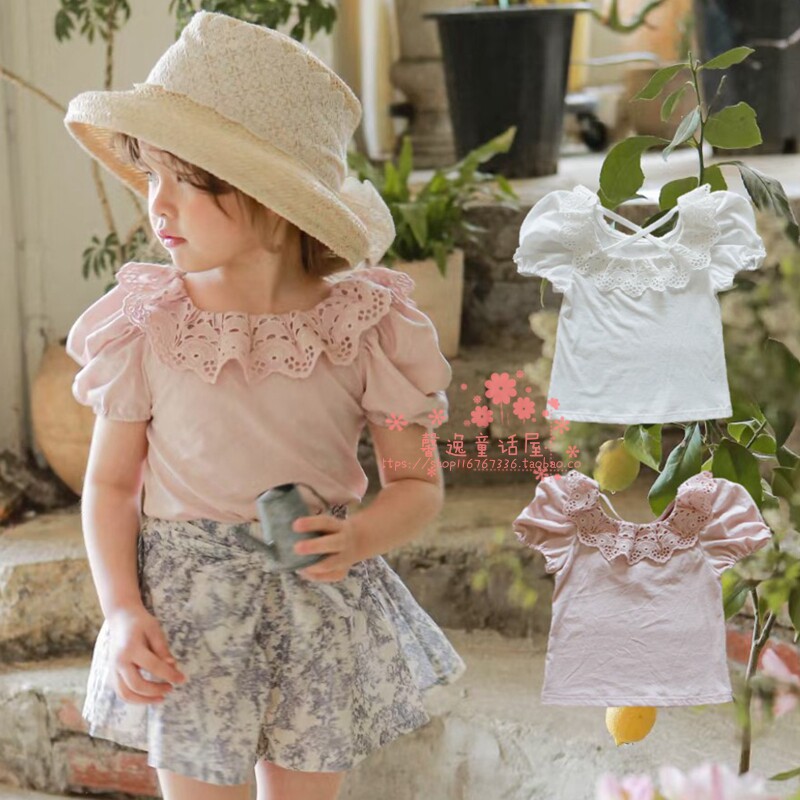 FLO荷叶领露背短袖泡泡袖纯棉T恤