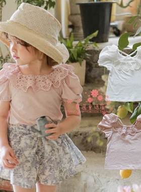 女童短袖T恤韩国童装FLO2022夏季新宝宝纯棉荷叶领泡泡袖露背可爱