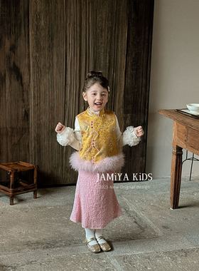 Jamiya女童新中式马甲2025秋冬新款儿童中国风马甲背心半裙拜年服