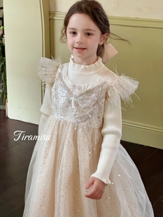 苏三岁女童连衣裙2025秋冬新儿童毛衣裙洋气蓬蓬公主裙高级杏礼服