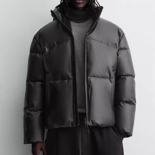 ZA2025冬新款男装保暖加厚立领宽松皮革效果棉服夹克外套 6985450