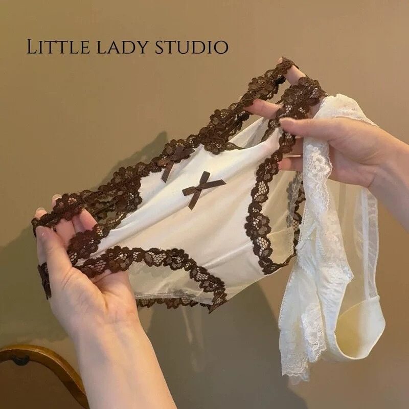 法式蕾丝内裤女蝴蝶结低腰无痕性感冰丝三角裤