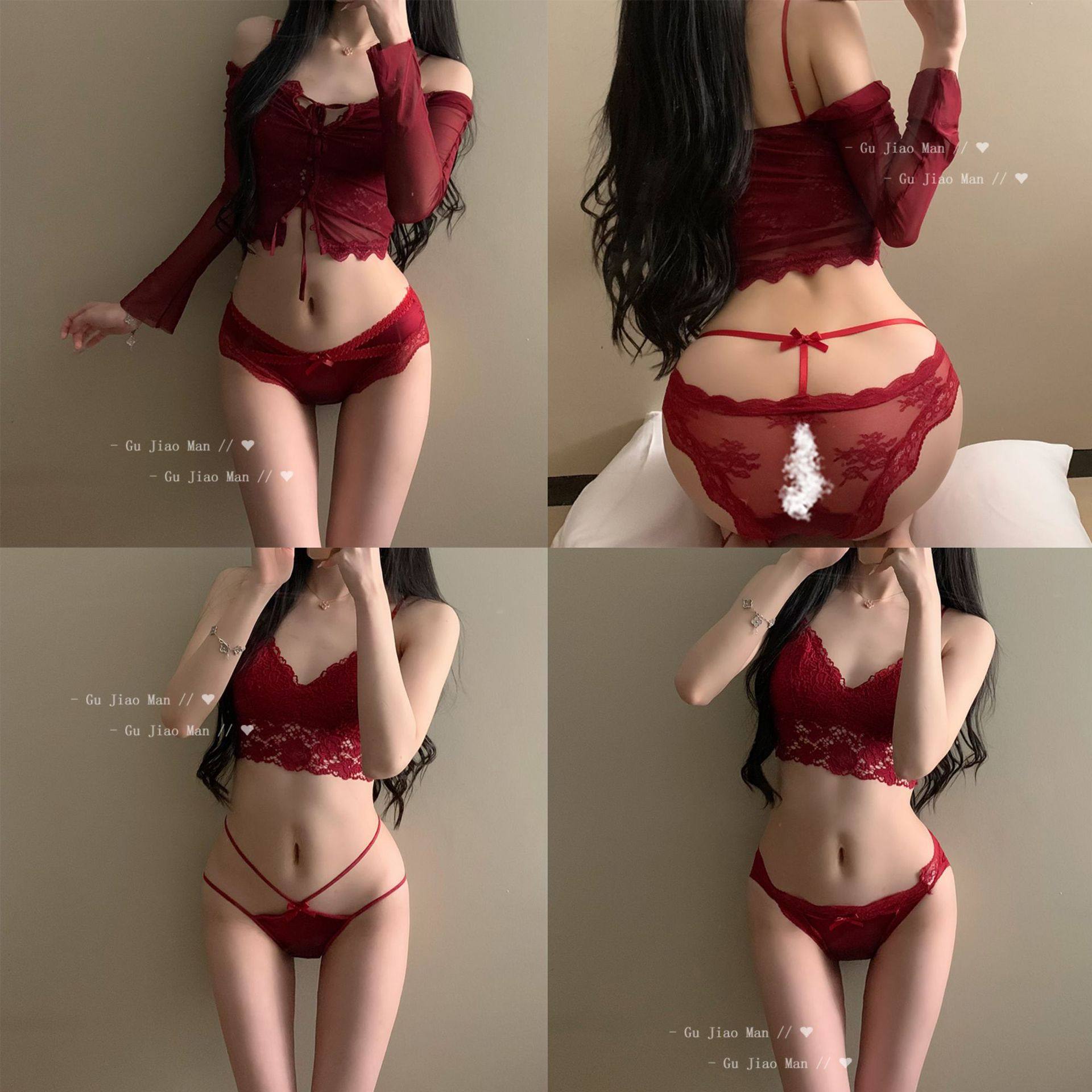 新年组合安可拉红蕾丝蛇年本命年性感高奢缎面蕾丝纯欲镂空内裤女