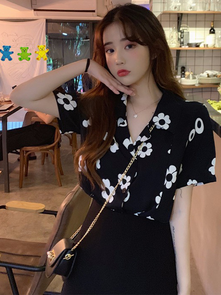 港风职业花衬衫夏天百搭配高腰牛仔半身裙包裙阔腿裤的上衣短袖女