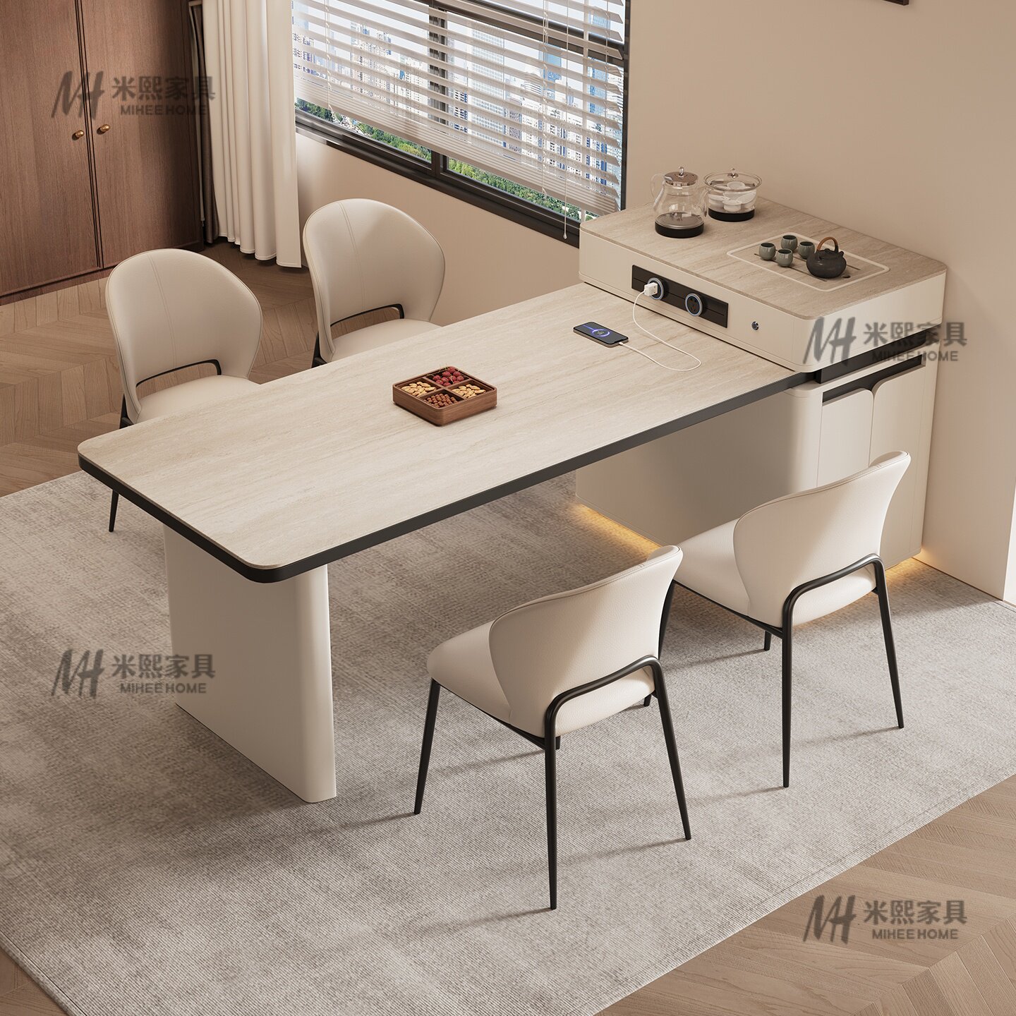小户型岛台餐桌一体可伸缩法式岩板中导台泡茶家用高级感奶油风