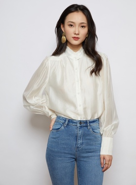 APSH懿千金春秋灯笼袖木耳领天丝衬衫女百搭宽松通勤衬衣长袖断码