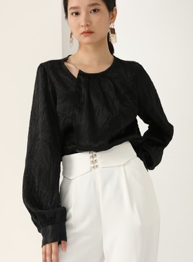APSH懿千金春秋领口链条套头醋酸肌理纹灯笼长袖衬衫女假两件上衣