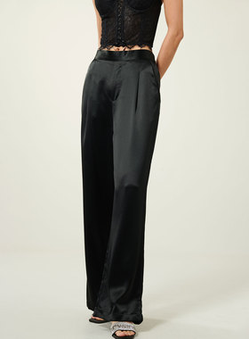 APSH懿千金 100醋酸阔腿长裤女休闲裤通勤直筒裤松紧腰断码清仓