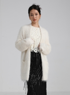 APSH懿千金秋冬羊驼毛针织开衫外套慵懒风口袋毛衣中长款白色灰色