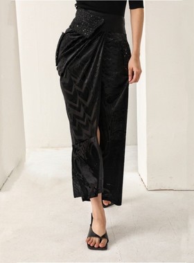 APSH懿千金亮片粗花呢编织高腰丝绒烧花开衩半裙女长款黑色白色