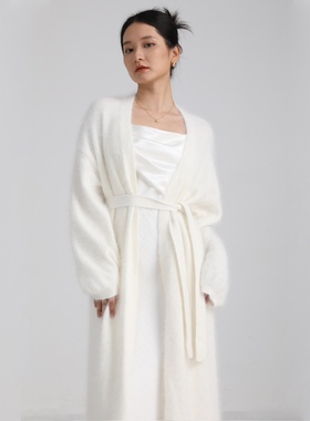 APSH懿千金秋冬温柔慵懒风羊驼绒开衫外套女长款白色毛衣系带针织