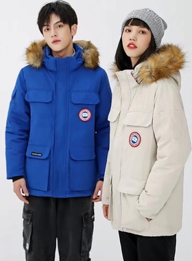 工装风毛领羽绒服男女情侣款中长款加厚保暖防寒派克服外套