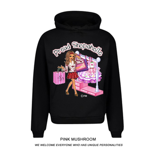 粉红蘑菇 BRATZ芭比风黑色连帽卫衣女秋冬设计感短款小众上衣