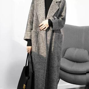 人字纹黑色双面羊绒大衣女中长款冬季加厚千鸟格复古羊毛呢子外套