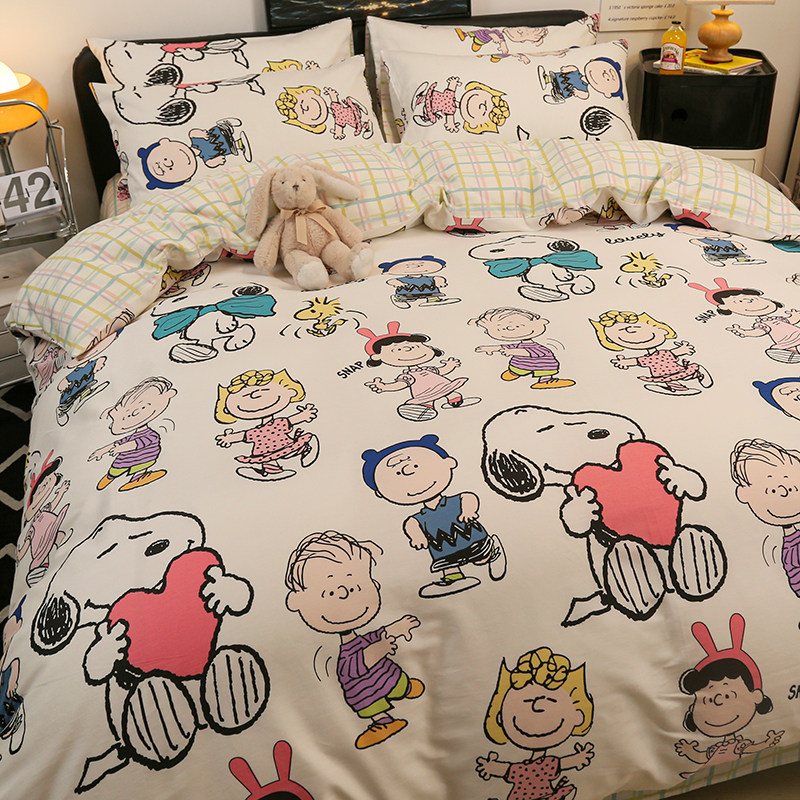 新品儿童四件套100纯棉全棉ins卡通史努比床品床单被套宿舍床上三