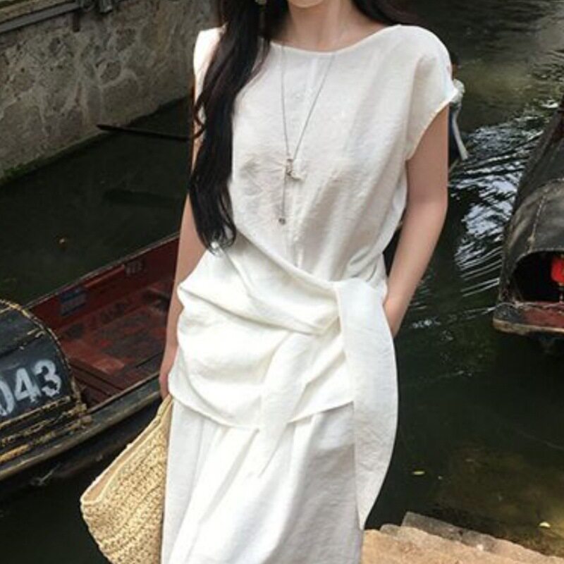韩系新款2026年纯色甜美系带斜肩背心套装女夏季绝美半身裙两件套