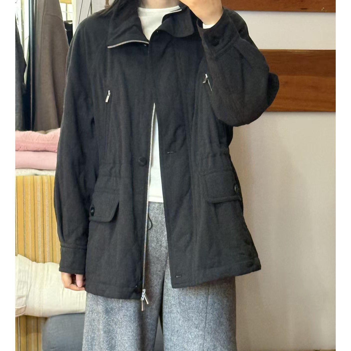 老钱风外套女夹棉可调节收腰羊毛外套进口3M新雪丽棉服棉衣中长款