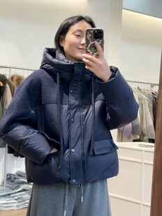 藏青色连帽羽绒服短款90白鸭绒双面羊绒拼接羽绒外套宽松显瘦