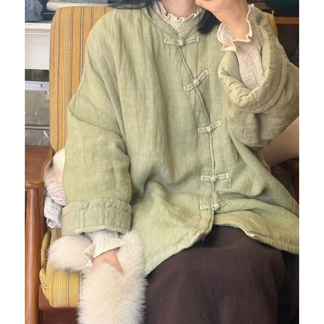 棉麻棉衣棉服外套女文艺复古森系棉外套休闲保暖绗缝夹棉加厚上衣