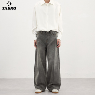 阔腿牛仔裤 高街潮牌水洗灰色做旧宽松百搭直筒裤 男 美式 xxbro男装
