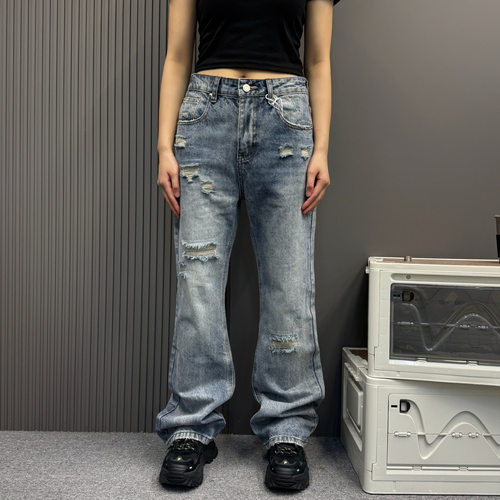 水洗渐变牛仔裤男女美式宽松显瘦破洞裤子合身不贴腿直筒微喇长裤