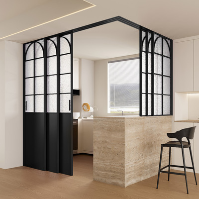 开放式厨房推拉门法式复古三联动客厅阳台隔断玻璃门对碰铝合金窗