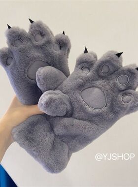 卡通可爱熊掌猫爪毛绒手套挂颈学生加绒加厚防风寒冬季骑车