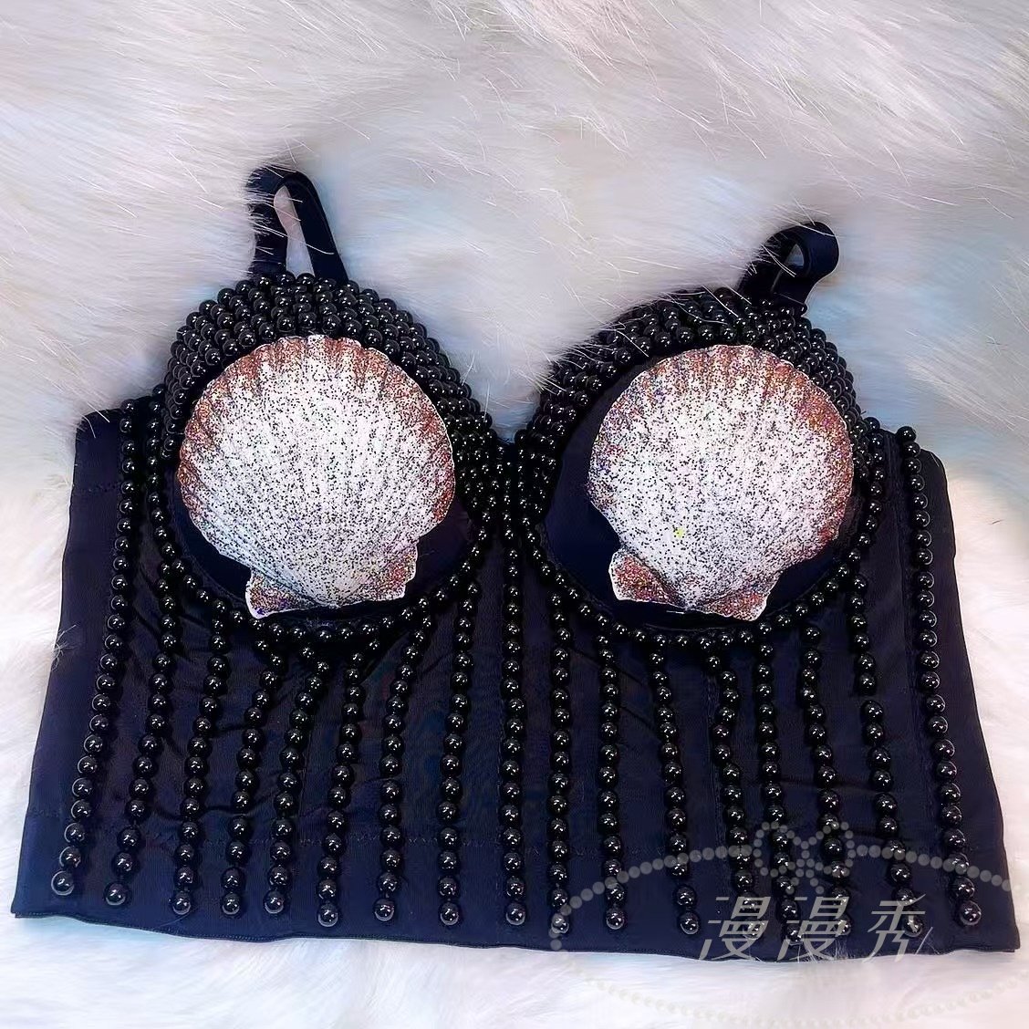 手工制作珍珠天然贝壳背心吊带时尚鱼骨塑身衣复古纯色夜店表演服