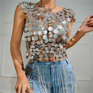 银色镜面背心舞蹈亚克力上衣音乐节舞会辣妹舞台服饰圆形大亮片