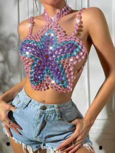 璀璨粉浪漫爱心宝石名缓少女上衣露背绣花彩色花朵亚克力挂脖吊带