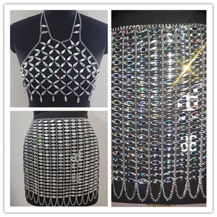 银色水滴钻金属网手工钻裙比基尼套装 酒吧DS演出服外搭亚克力钻服