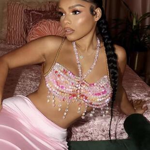 手工珠子挂脖项链多层性感辣妹抹胸背心珍珠亚克力舞台吊带演出
