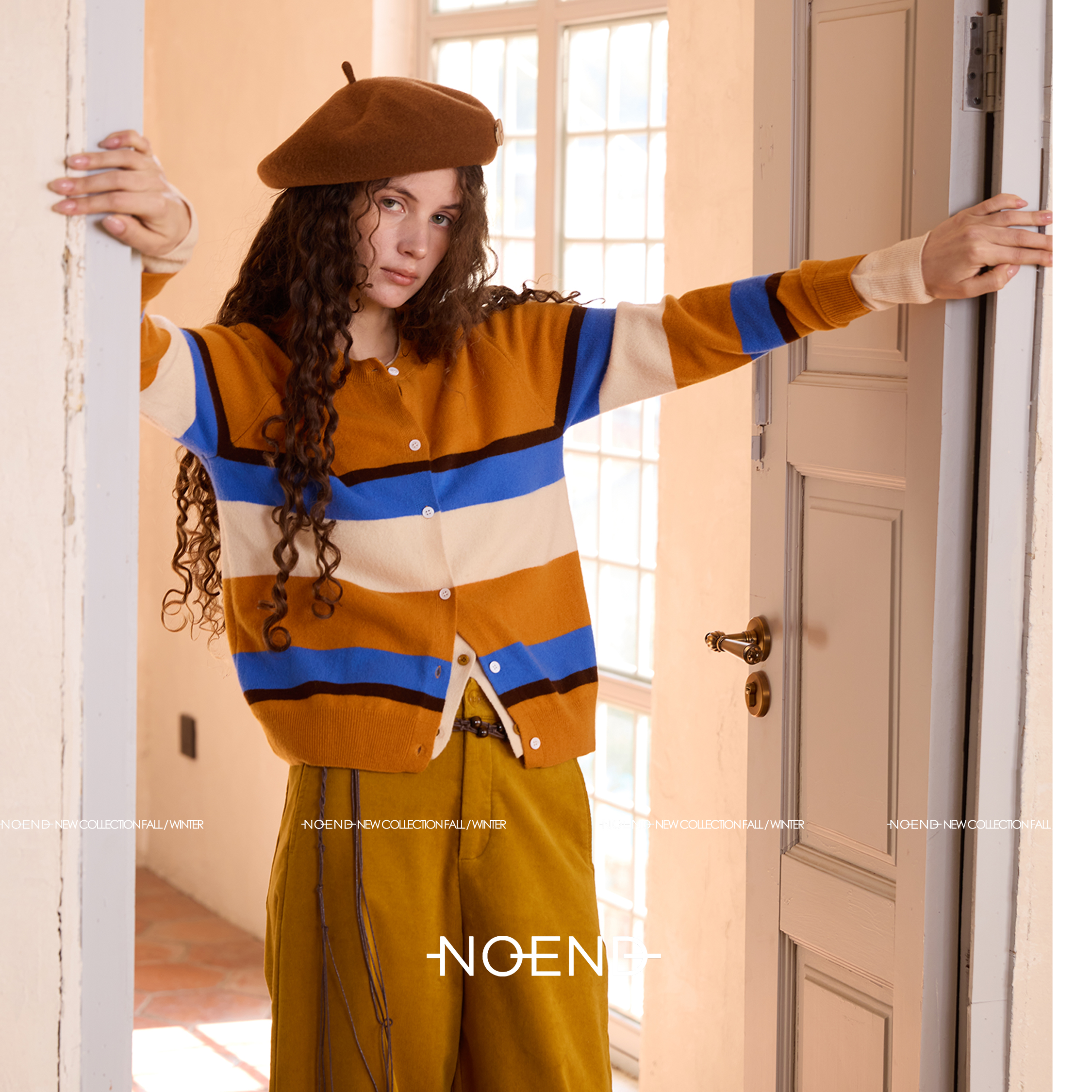 NOEND25全毛柔软撞色条纹假两件针织开衫多色可选显瘦保暖