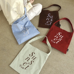 SunsetPark原创复古灯芯绒撞色字母刺绣大容量单肩托特布包秋冬