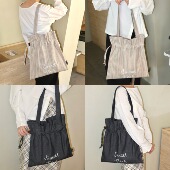 SunsetPark「牛纽包」原创抽绳复古牛角扣百搭条纹牛仔单肩托特包