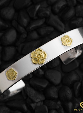 日本正品LaKey樱花三点金平打手镯三花平打手镯男女日本手工银饰