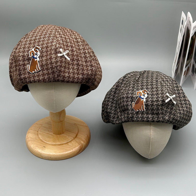 韩版千鸟格小狗贝雷帽女秋冬季美拉德毛呢蓓蕾画家帽显脸小帽子潮