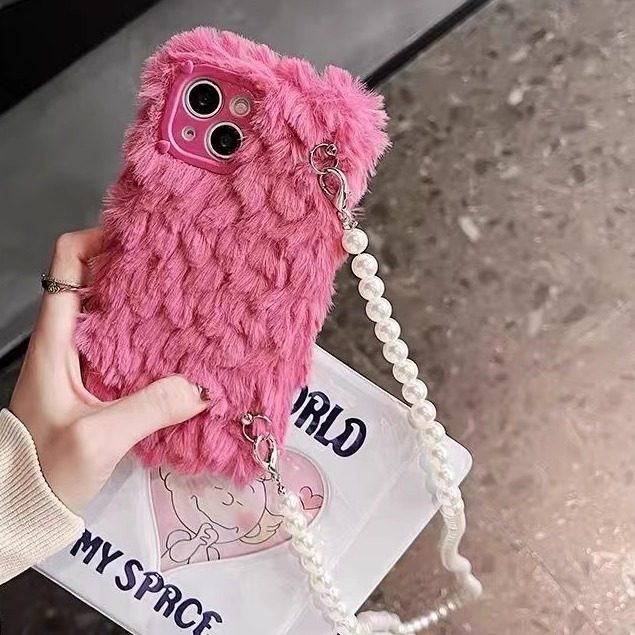 秋冬款毛绒苹果14plus珍珠斜挎链条15适用iPhone17pro max时尚女16pro手机壳1+15/13/12/11一加ace6/5pro/3/2