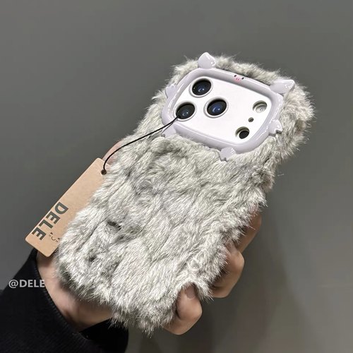 性冷淡风灰色系秋冬天苹果14毛绒男女款情侣15适用iPhone17pro max/16手机壳1+15/13/12/11一加ace6/5pro/3/2