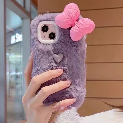 秋冬天温柔紫色气质爱心蝴蝶结苹果14毛绒绒15适用iPhone17pro max/16手机壳1+15/13/12/11一加ace6/5pro/3/2