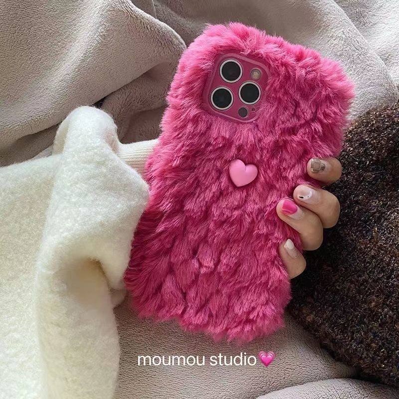秋冬款毛绒玫红色简约纯色15适用iPhone13promax手机壳14plus苹果12pro女小爱心1+11/9R一加ace2pro手机壳2V