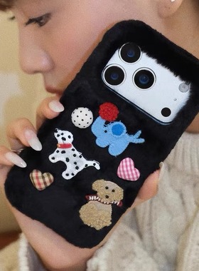 ins风刺绣小动物a57黑色毛绒A58x/a97手机壳V70S秋冬V50女v60S真我NEO7se/gt6/5手机壳Realme15pro+/14/13/12