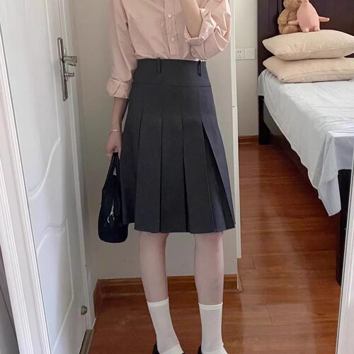学院风复古灰色西装半身裙女大码高腰显瘦百褶裙两面穿A字裙中裙