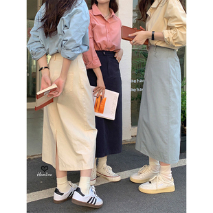 春夏季 后开叉直筒半身裙女中长裙子设计感胖mm高腰显瘦A字裙 大码