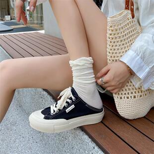 可踩跟两穿系带低帮休闲风帆布鞋女2025春夏新款厚底百搭小白鞋子