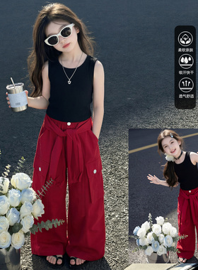 女童裤子夏装薄款2026新款儿童夏季速干裤大童女孩红色工装裤