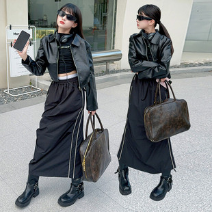 韩女童短款皮衣2024秋季儿童时髦夹克衫棒球服中大童洋气外套