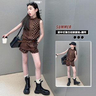 女大童夏日薄款套装2026新款中大童洋气甜美小女孩老钱风两件套潮
